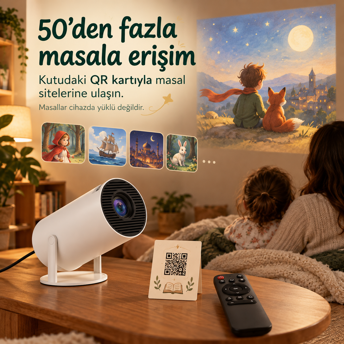 Kutudaki QR kartla 50'den fazla masala erişim; masallar cihazda yüklü değildir
