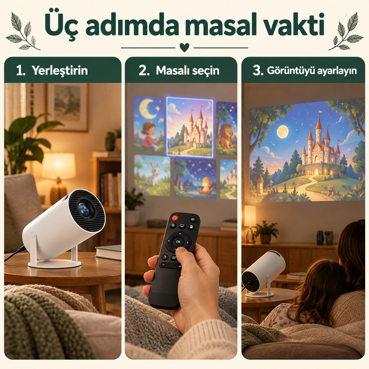 Üç adımda masal vakti: yerleştirin, masalı seçin, görüntüyü ayarlayın