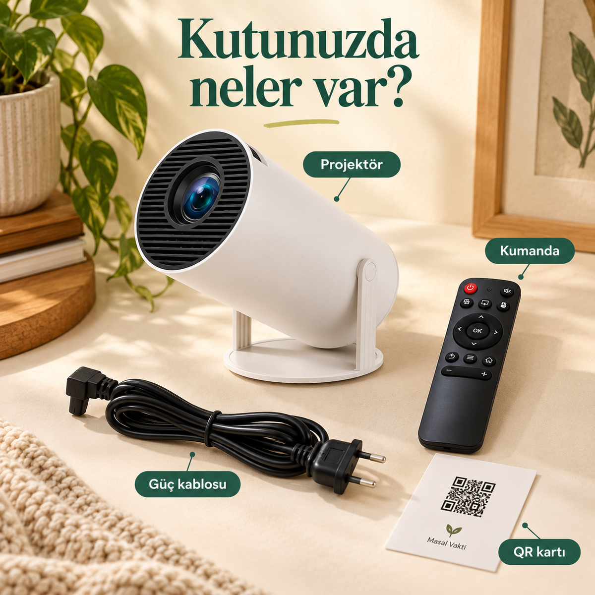 Kutunuzda neler var: projektör, kumanda, güç kablosu ve QR kartı